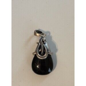 Vintage BEST Pendant Silver Tone Abstract Wrap Black Stone Teardrop 90s Jewelry